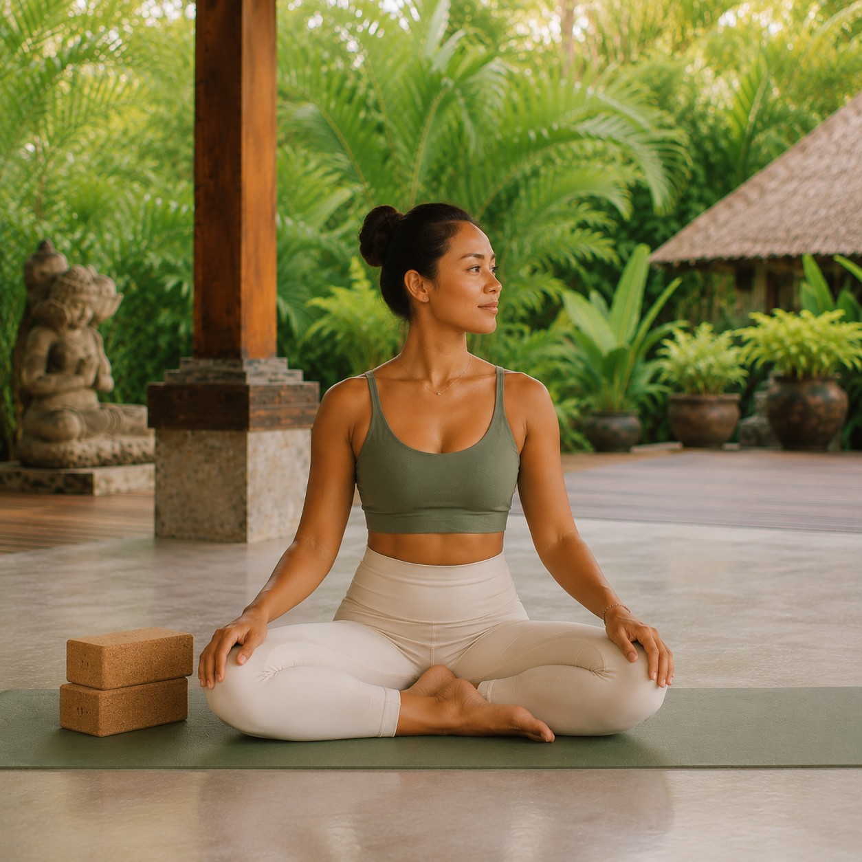A woman sitting on a mat with yoga blocks under a wooden pavilion